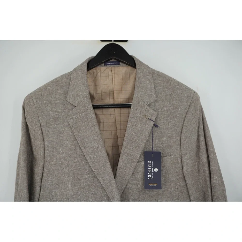 NWT Stafford Blazer Sport Coat Khaki Linen Cotton Classic Fit Men's 42R